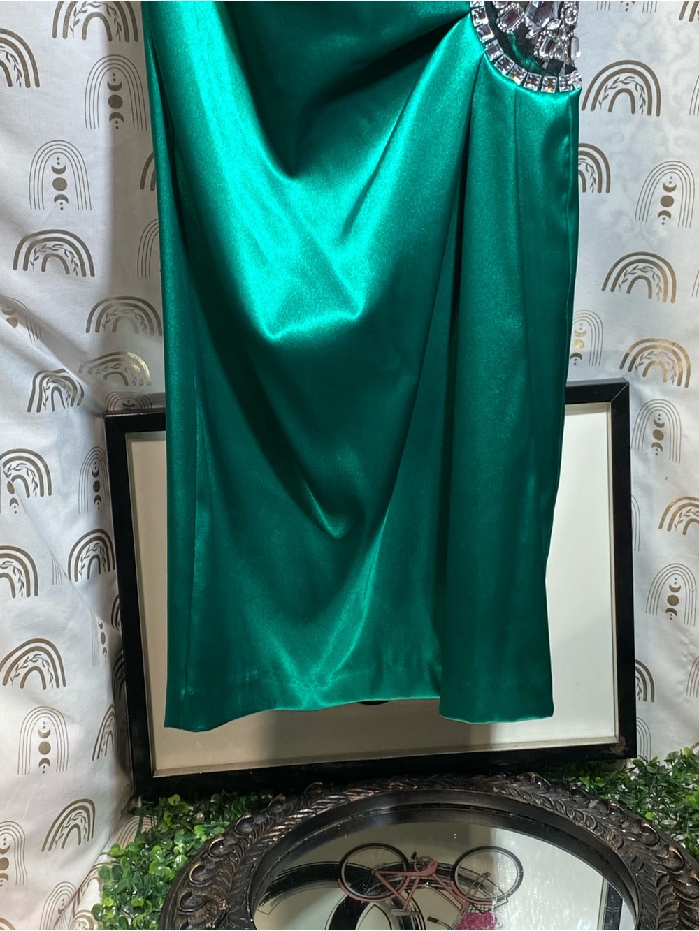Adam One-Shoulder Teal Satin Dress with Rhinestone Waist Detail - Picture 2 of 12